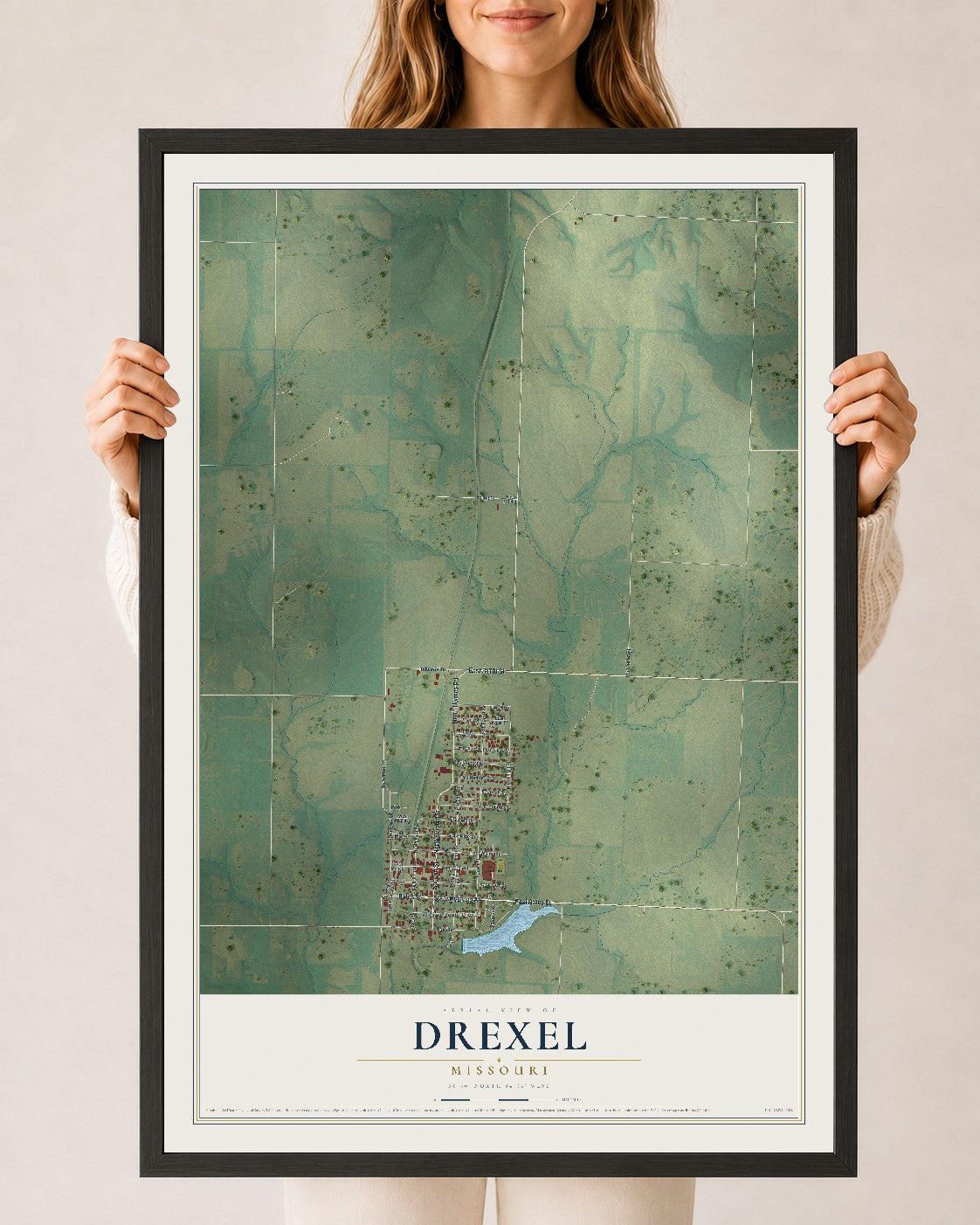 Map of Drexel, Missouri, 24 x 36 inch print in a black wood frame