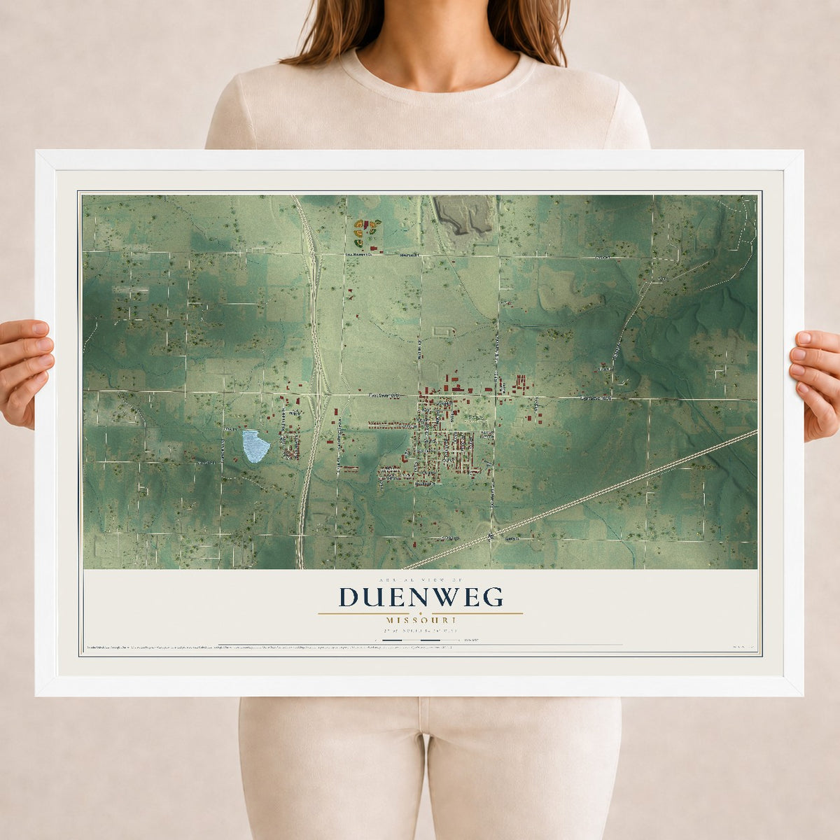 Map of Duenweg, Missouri, 18 x 24 inch print in a white wood frame