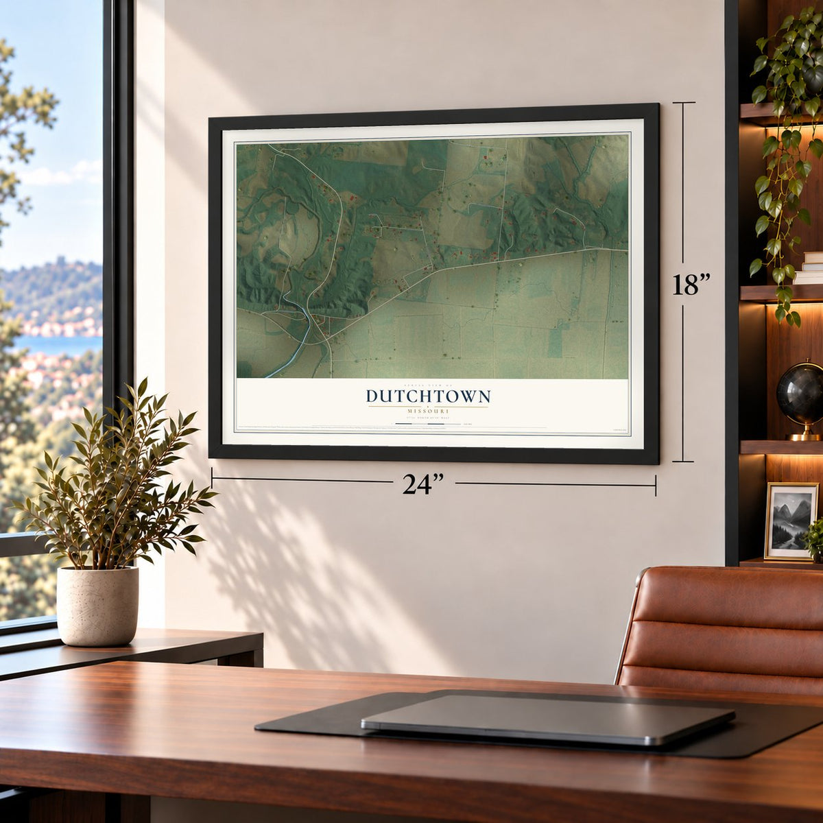 Dutchtown, Missouri map, 18 x 24 inch print in a black frame in a home office