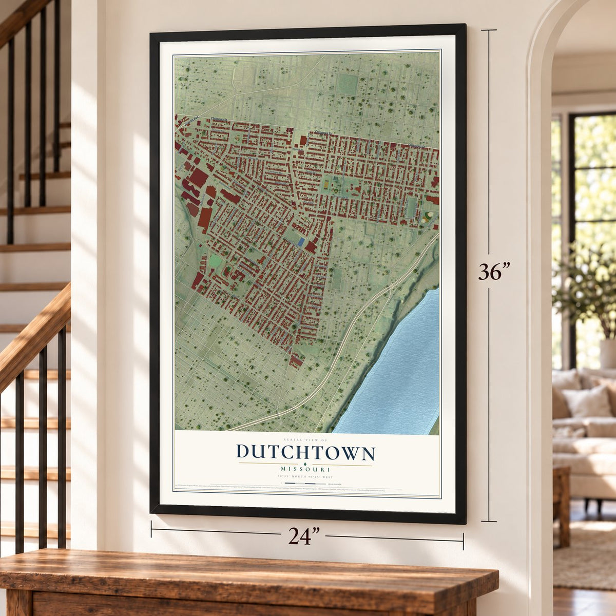 Dutchtown, St. Louis, Missouri map, 24 x 36 inch print in a black frame by a staircase