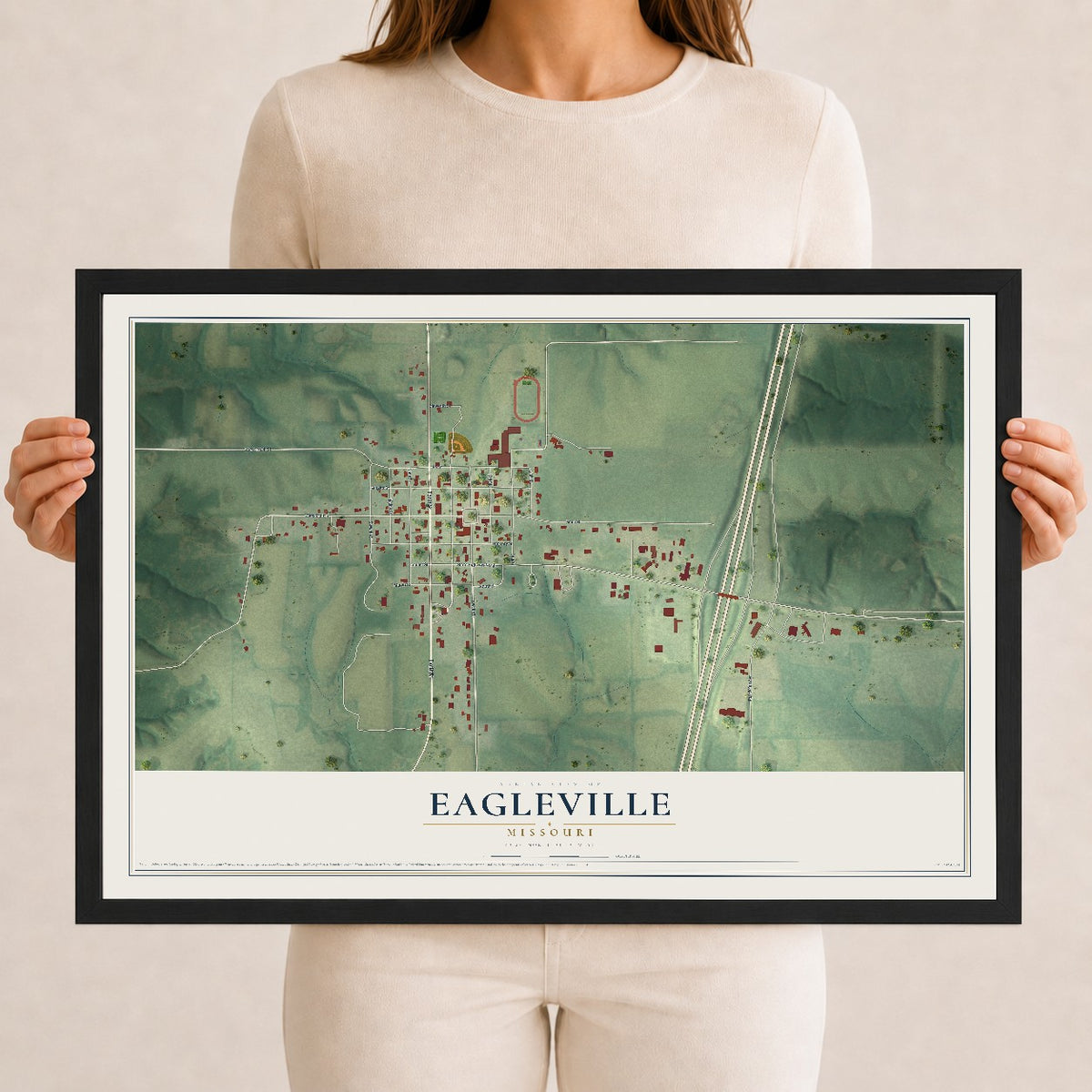 Map of Eagleville, Missouri, 12 x 18 inch print in a black wood frame