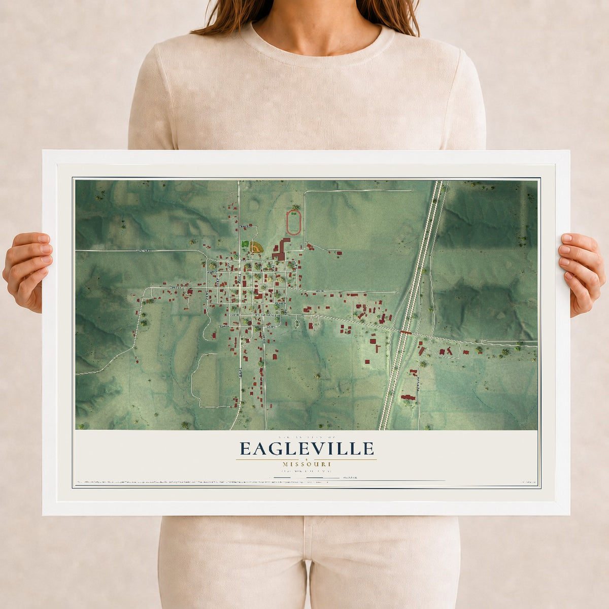 Map of Eagleville, Missouri, 12 x 18 inch print in a white wood frame