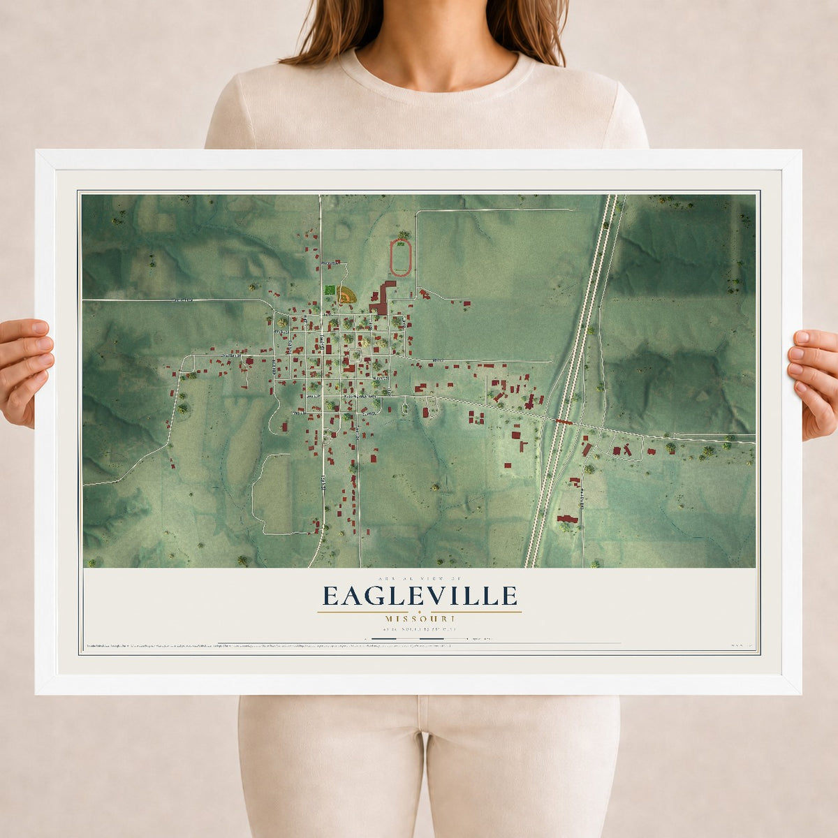 Map of Eagleville, Missouri, 18 x 24 inch print in a white wood frame