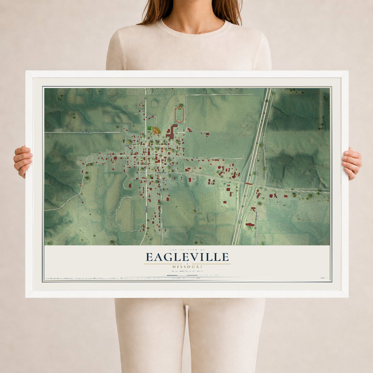 Map of Eagleville, Missouri, 24 x 36 inch print in a white wood frame