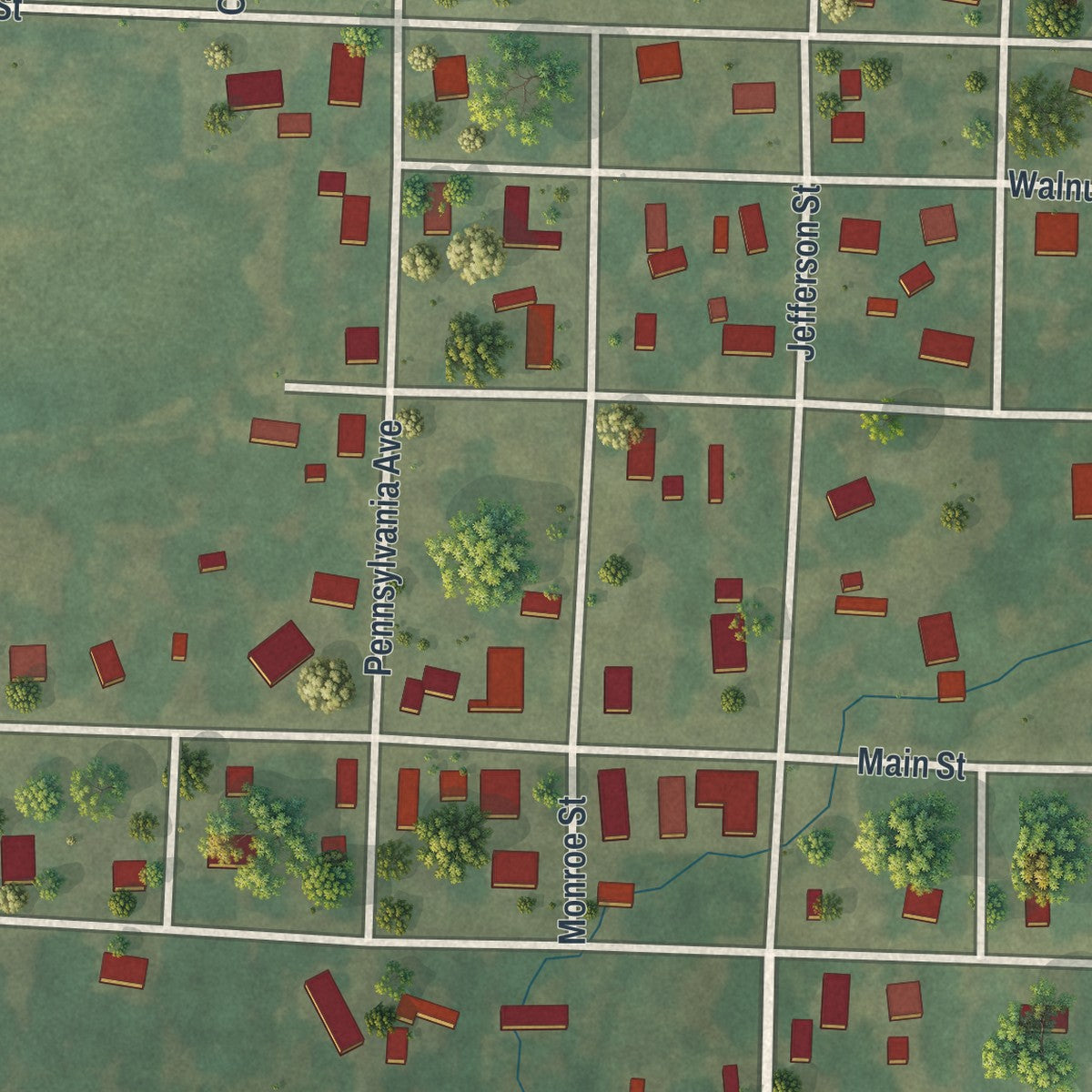 Close-up of the map of East Lynne, Missouri print showing street and building detail