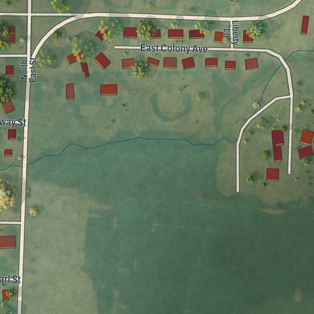 Second close-up of the map of East Lynne, Missouri print showing more streets and buildings