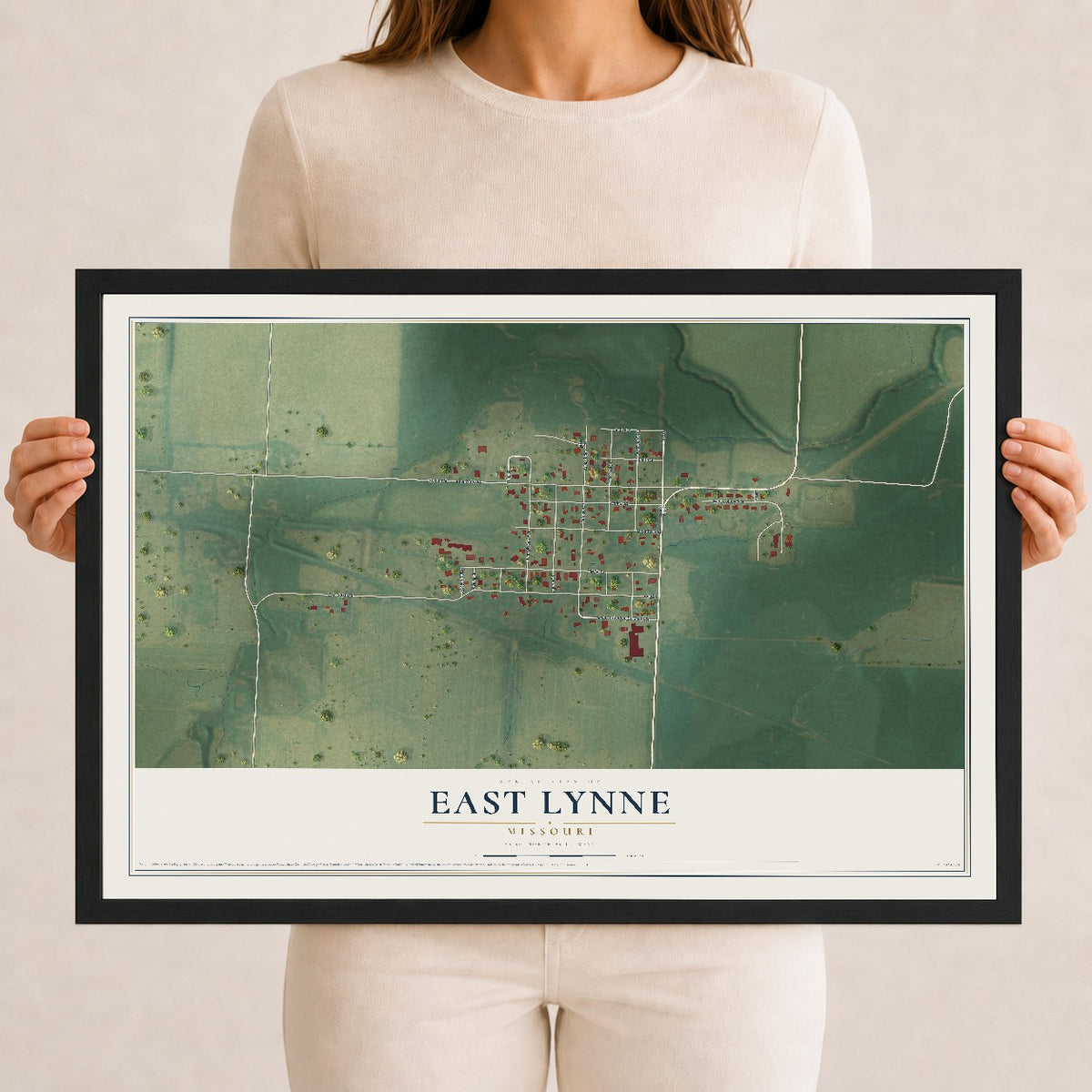 Map of East Lynne, Missouri, 12 x 18 inch print in a black wood frame