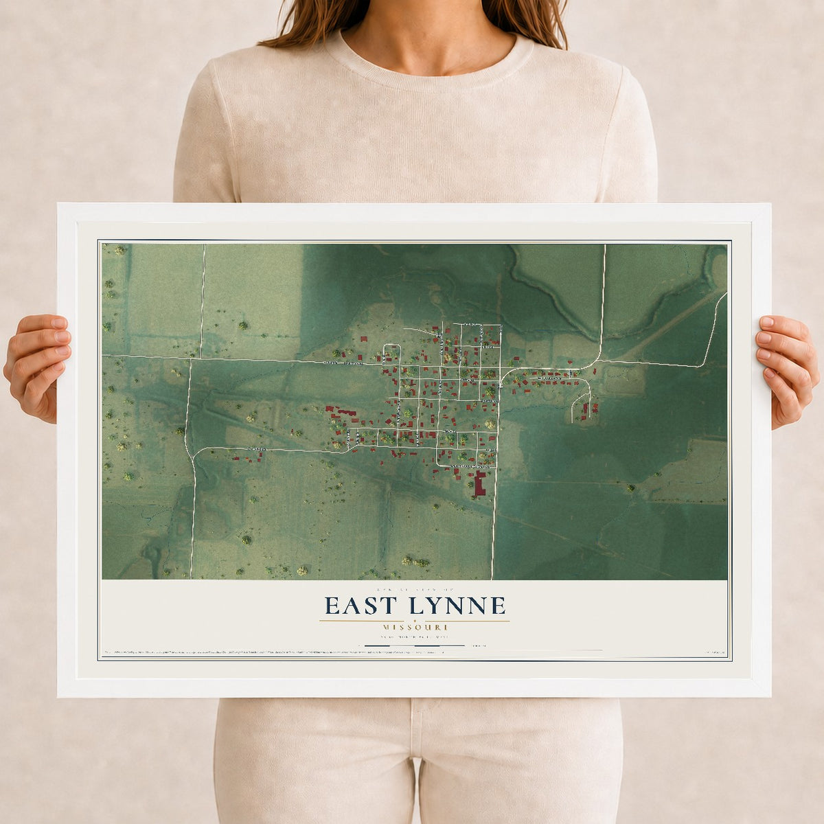 Map of East Lynne, Missouri, 12 x 18 inch print in a white wood frame