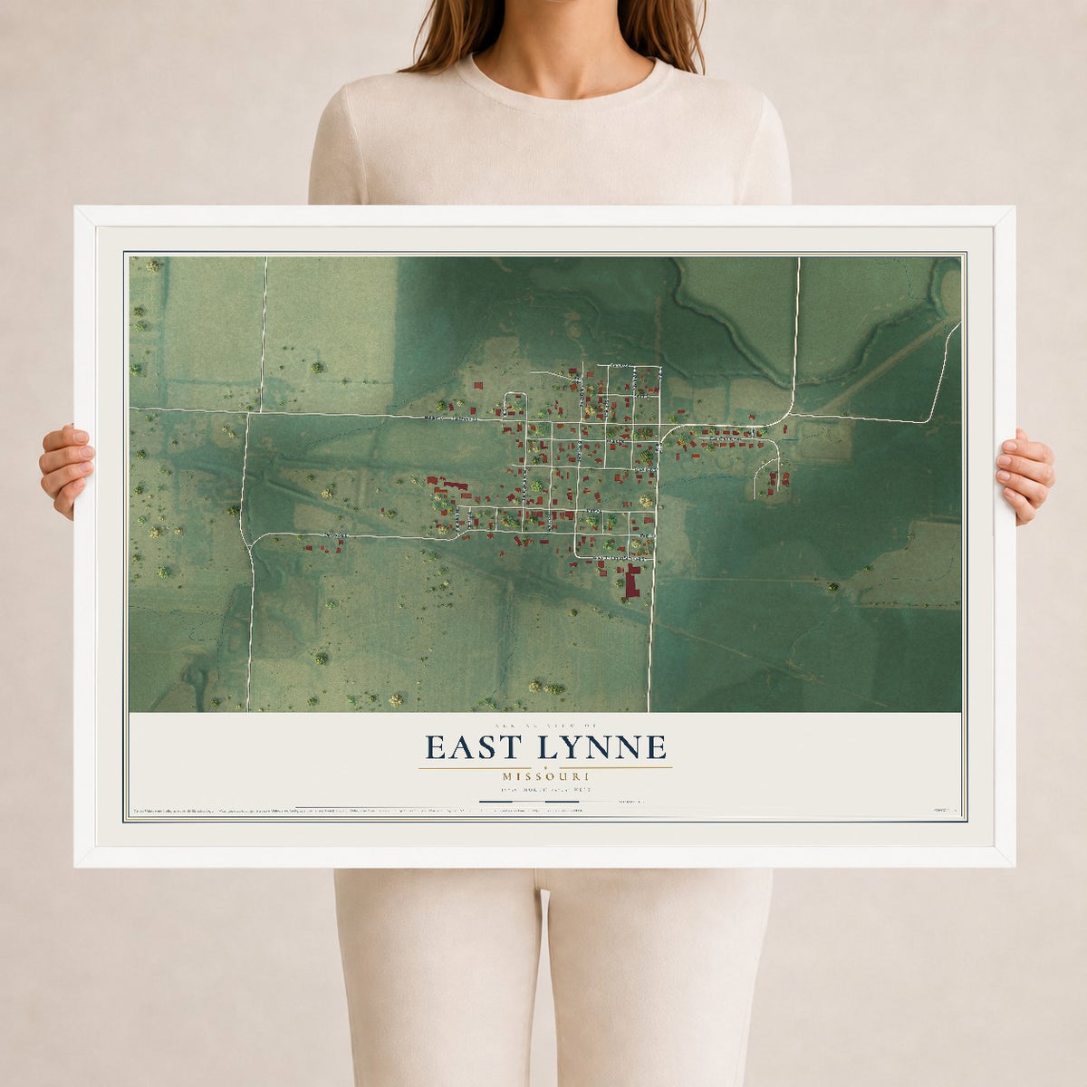Map of East Lynne, Missouri, 24 x 36 inch print in a white wood frame