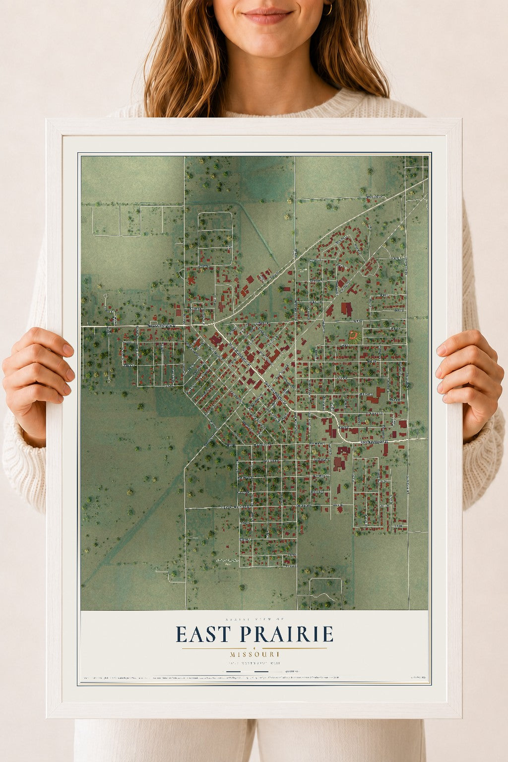 Map of East Prairie, Missouri, 18 x 24 inch print in a white wood frame