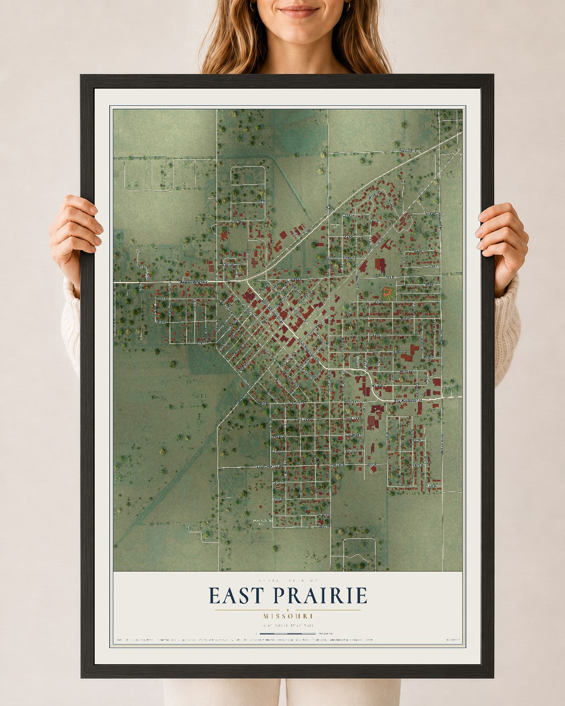 Map of East Prairie, Missouri, 24 x 36 inch print in a black wood frame