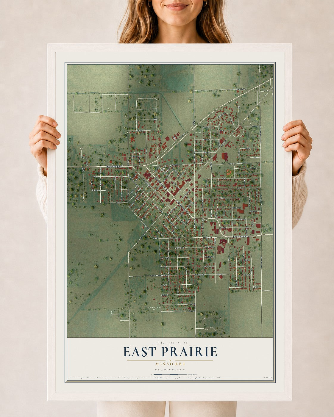 Map of East Prairie, Missouri, 24 x 36 inch print in a white wood frame