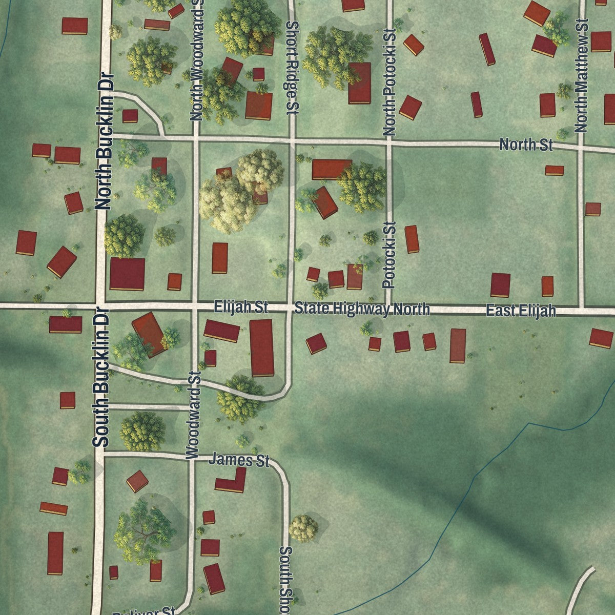 Close-up of the map of Easton, Missouri print showing street and building detail