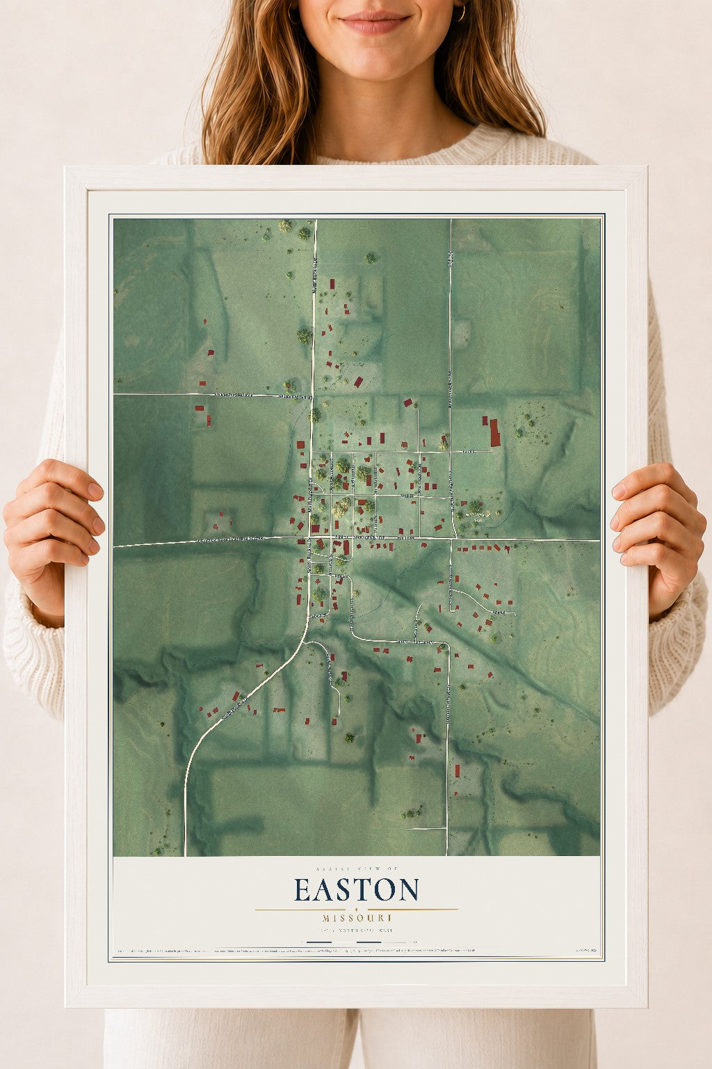 Map of Easton, Missouri, 18 x 24 inch print in a white wood frame