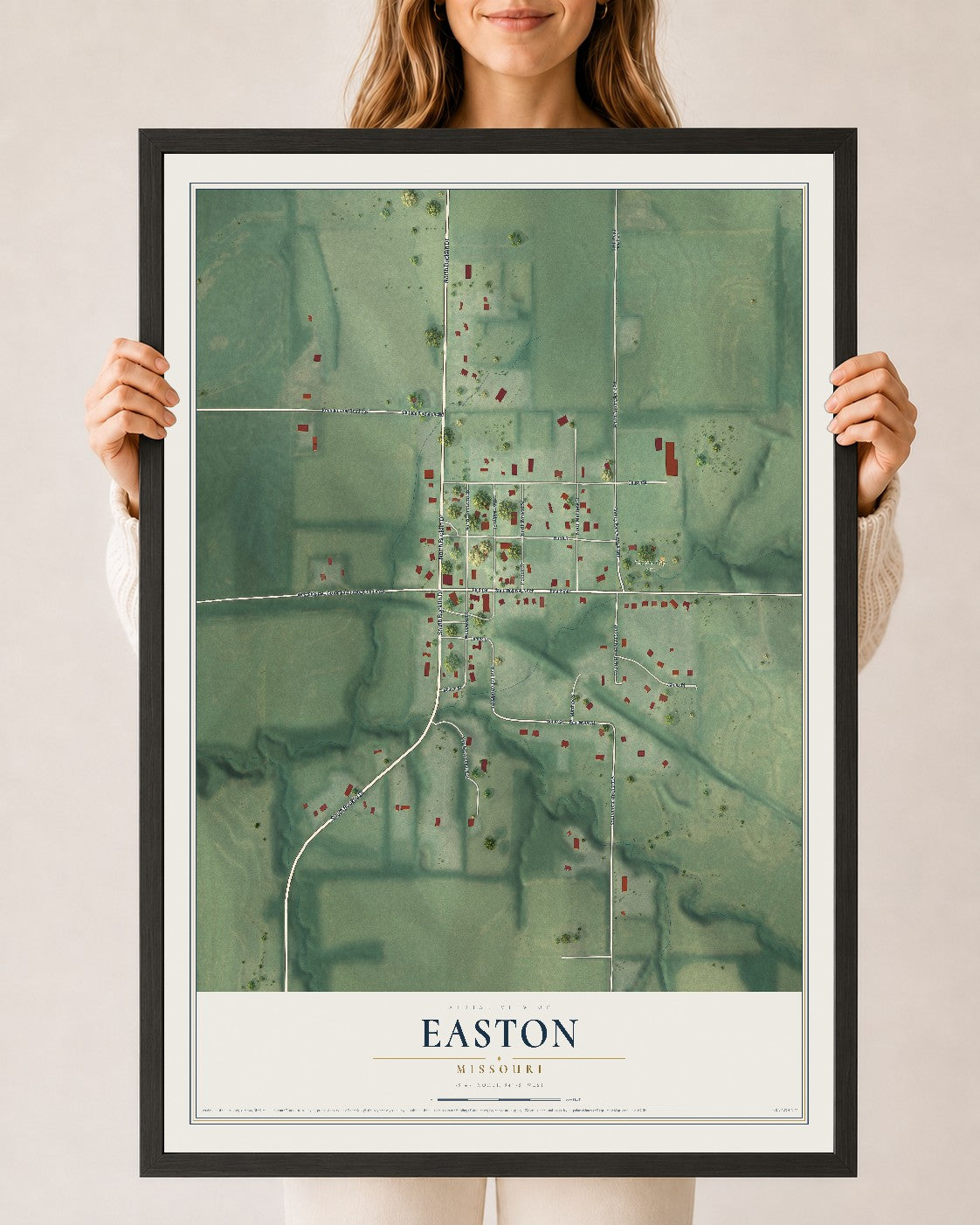 Map of Easton, Missouri, 24 x 36 inch print in a black wood frame