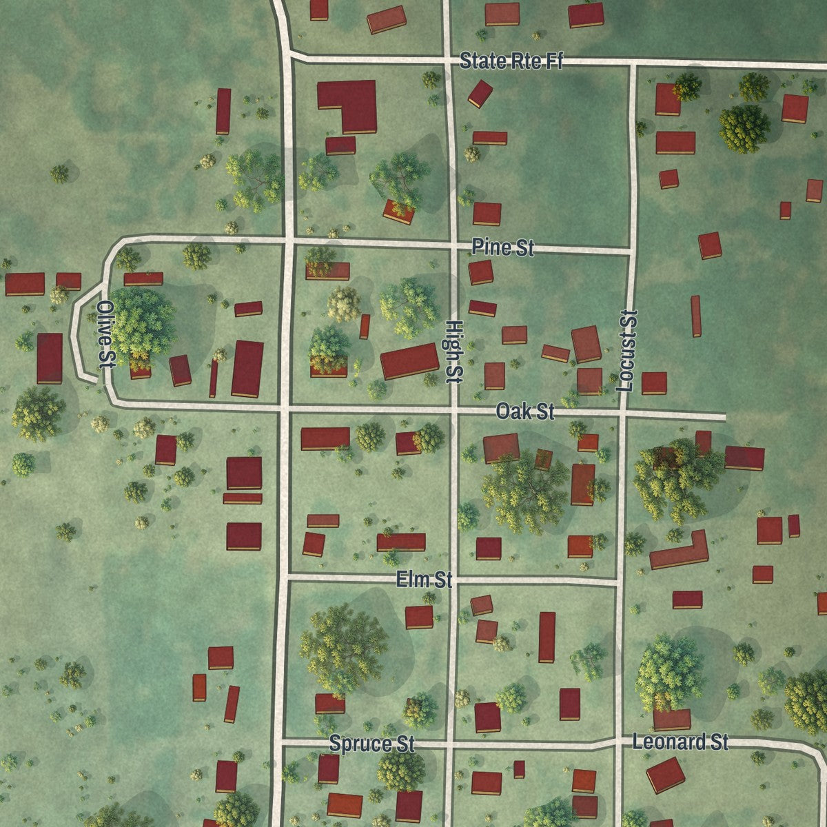 Close-up of the map of Edgar Springs, Missouri print showing street and building detail