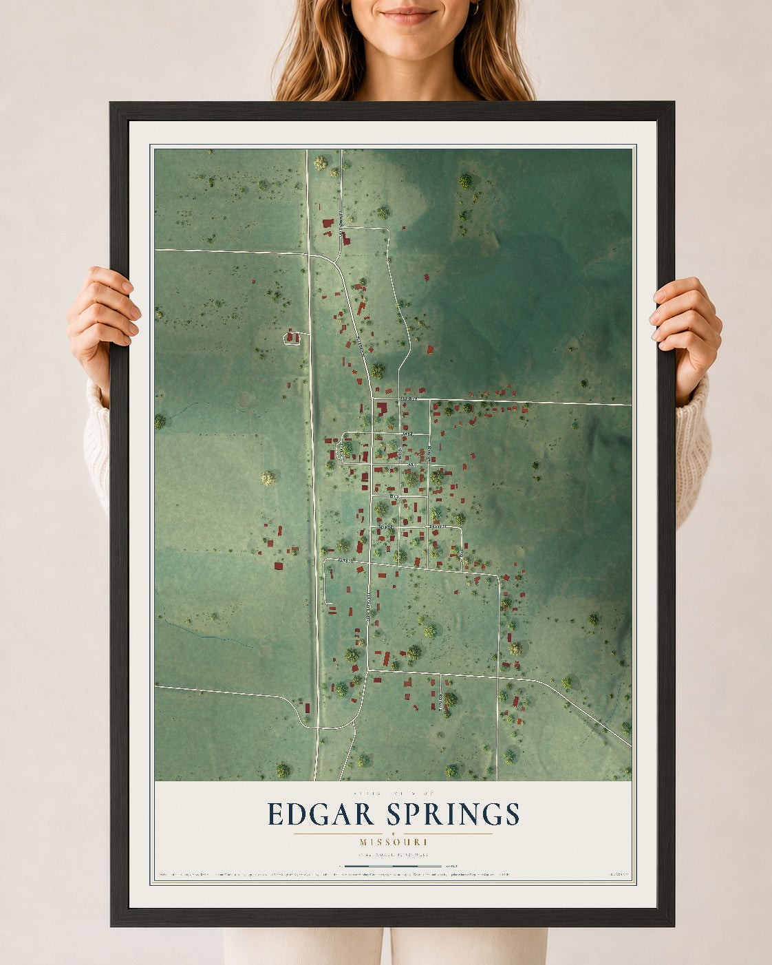 Map of Edgar Springs, Missouri, 24 x 36 inch print in a black wood frame