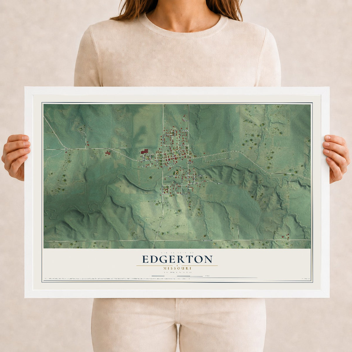 Map of Edgerton, Missouri, 12 x 18 inch print in a white wood frame