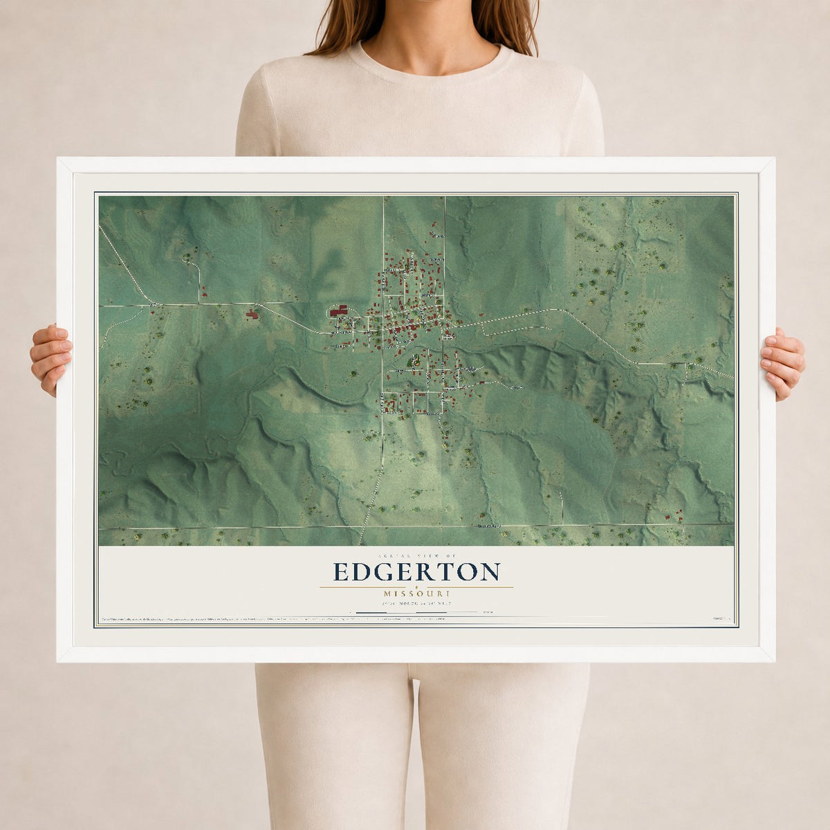 Map of Edgerton, Missouri, 24 x 36 inch print in a white wood frame