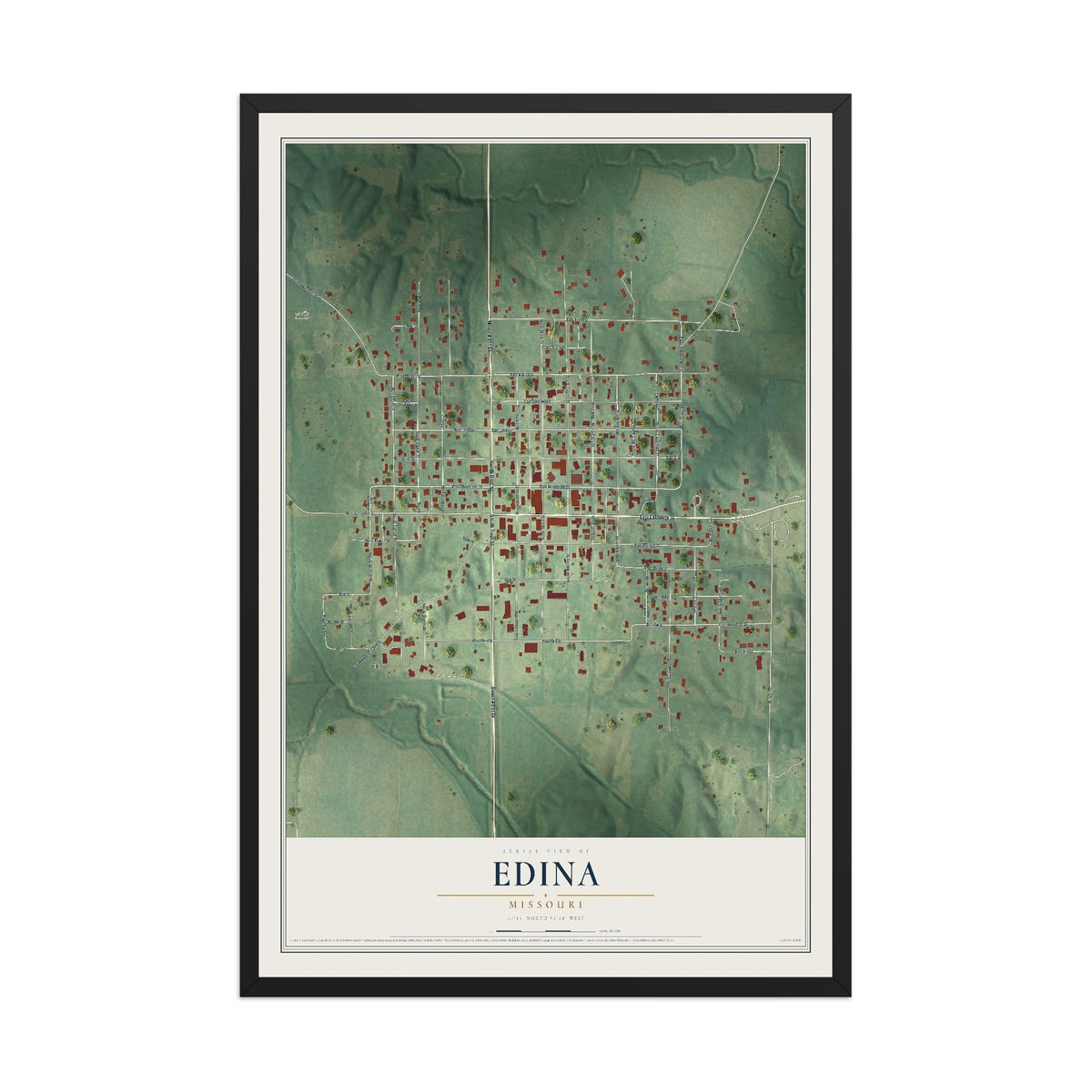 Map of Edina, Missouri, 12 x 18 inch print in a black wood frame