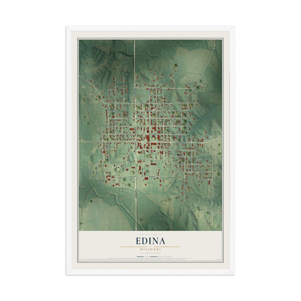 Map of Edina, Missouri, 12 x 18 inch print in a white wood frame