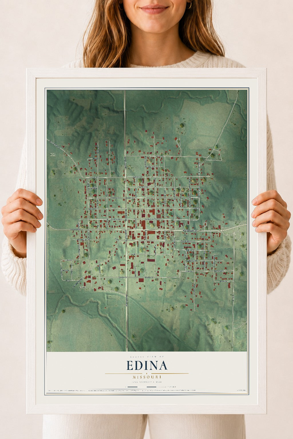 Map of Edina, Missouri, 18 x 24 inch print in a white wood frame