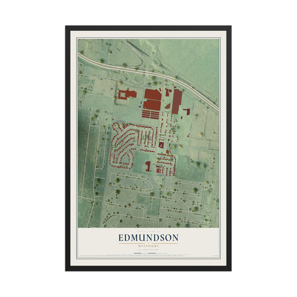 Map of Edmundson, Missouri, 12 x 18 inch print in a black wood frame