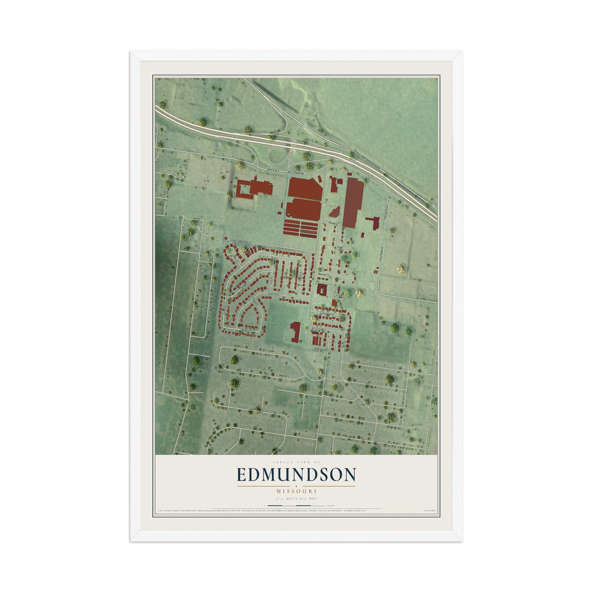 Map of Edmundson, Missouri, 12 x 18 inch print in a white wood frame