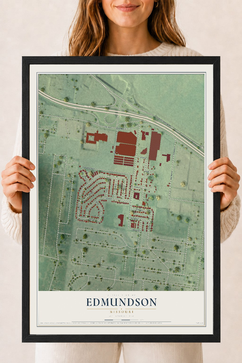 Map of Edmundson, Missouri, 18 x 24 inch print in a black wood frame