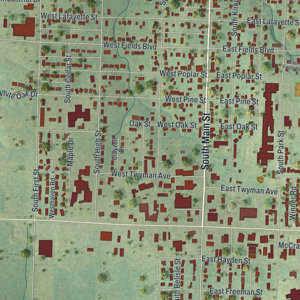 Close-up of the map of El Dorado Springs, Missouri print showing street and building detail