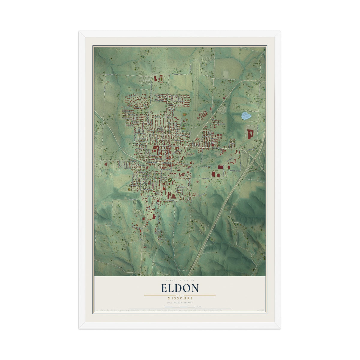 Map of Eldon, Missouri, 12 x 18 inch print in a white wood frame