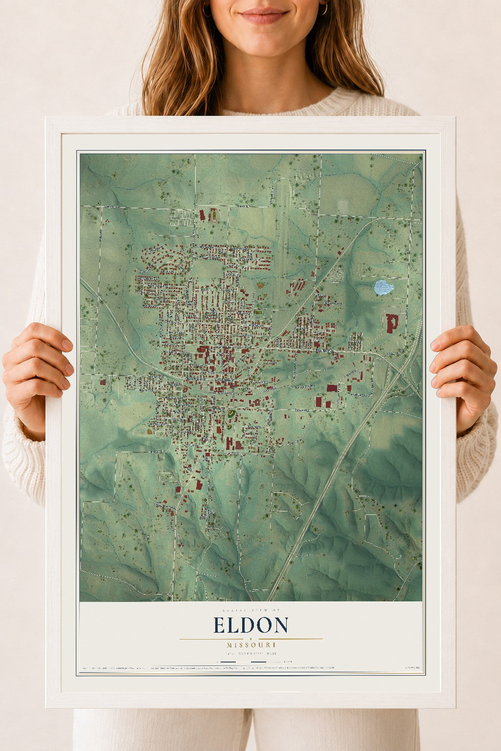Map of Eldon, Missouri, 18 x 24 inch print in a white wood frame