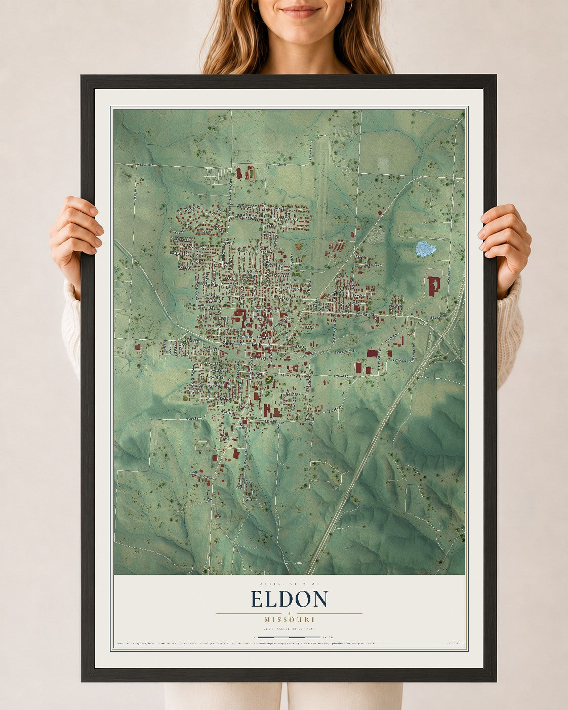 Map of Eldon, Missouri, 24 x 36 inch print in a black wood frame