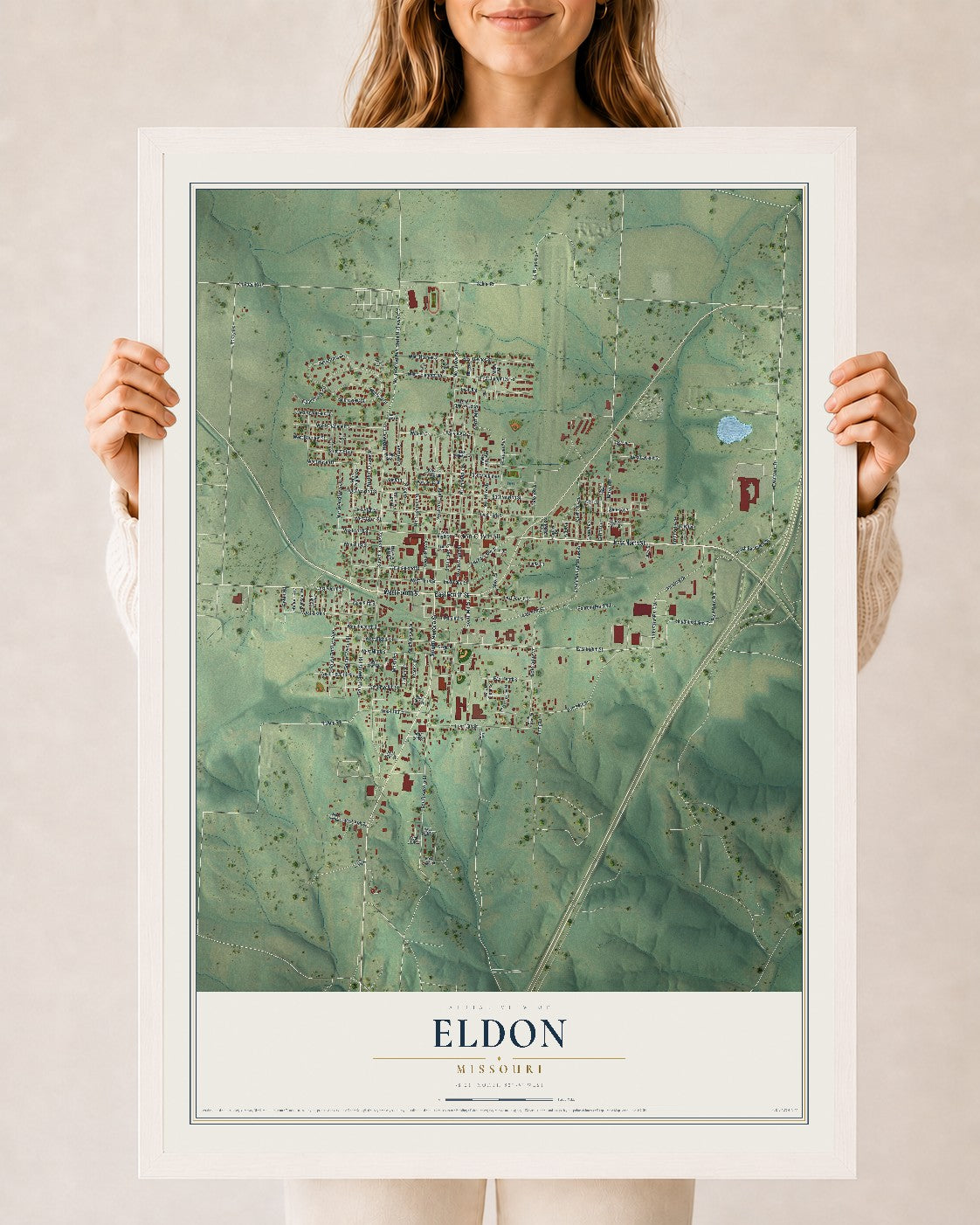 Map of Eldon, Missouri, 24 x 36 inch print in a white wood frame