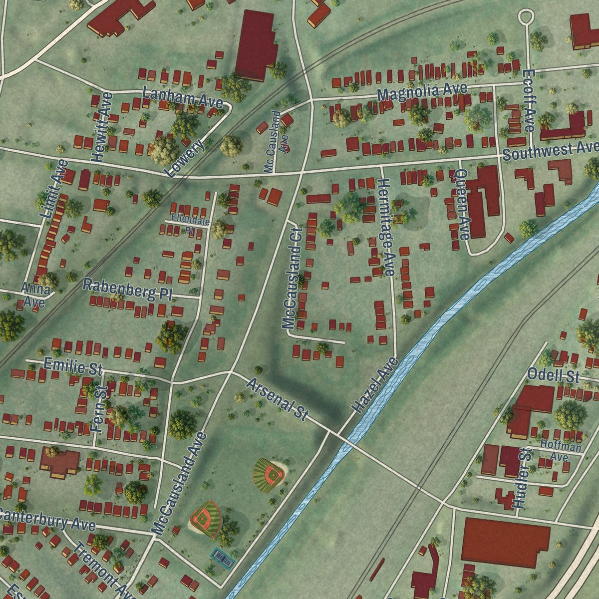 Close-up of the map of Ellendale, Missouri print showing street and building detail