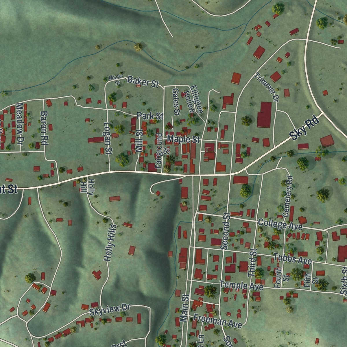 Close-up of the map of Ellington, Missouri print showing street and building detail