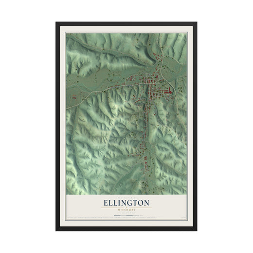 Map of Ellington, Missouri, 12 x 18 inch print in a black wood frame