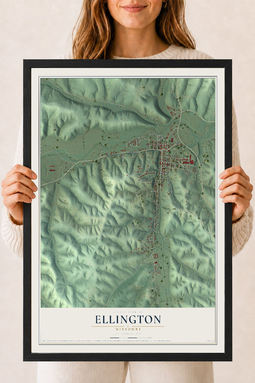 Map of Ellington, Missouri, 18 x 24 inch print in a black wood frame