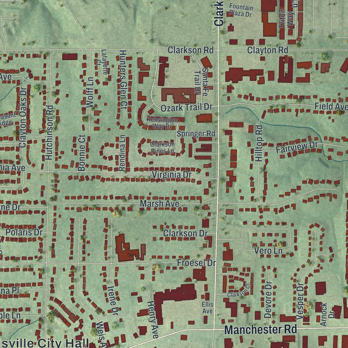 Close-up of the map of Ellisville, Missouri print showing street and building detail