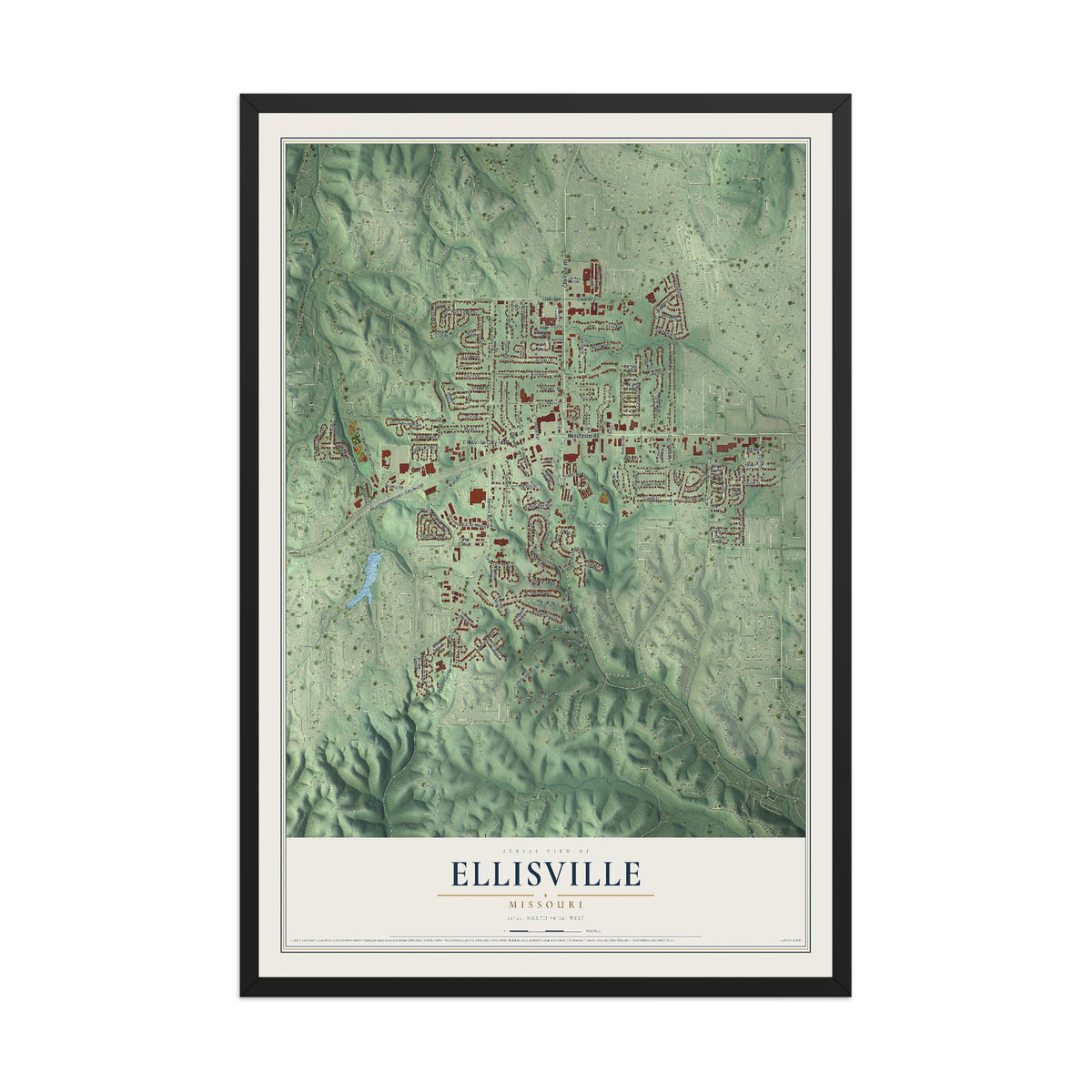 Map of Ellisville, Missouri, 12 x 18 inch print in a black wood frame