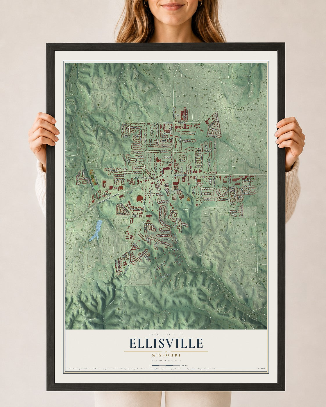 Map of Ellisville, Missouri, 24 x 36 inch print in a black wood frame
