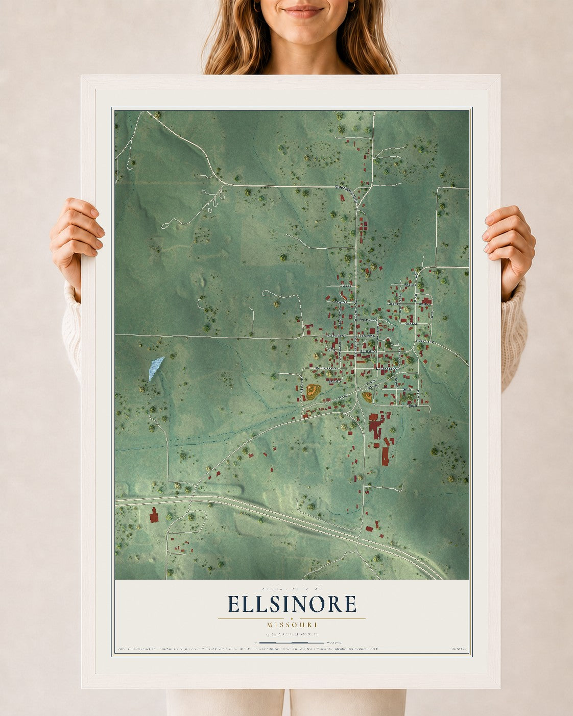 Map of Ellsinore, Missouri, 24 x 36 inch print in a white wood frame
