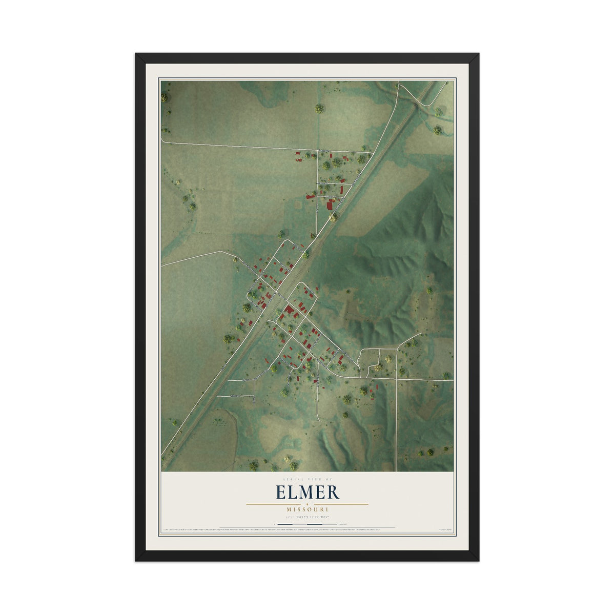 Map of Elmer, Missouri, 12 x 18 inch print in a black wood frame