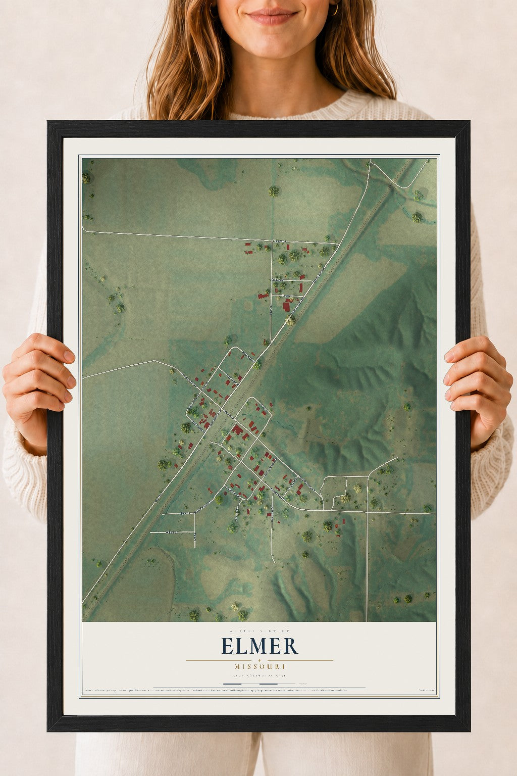 Map of Elmer, Missouri, 18 x 24 inch print in a black wood frame