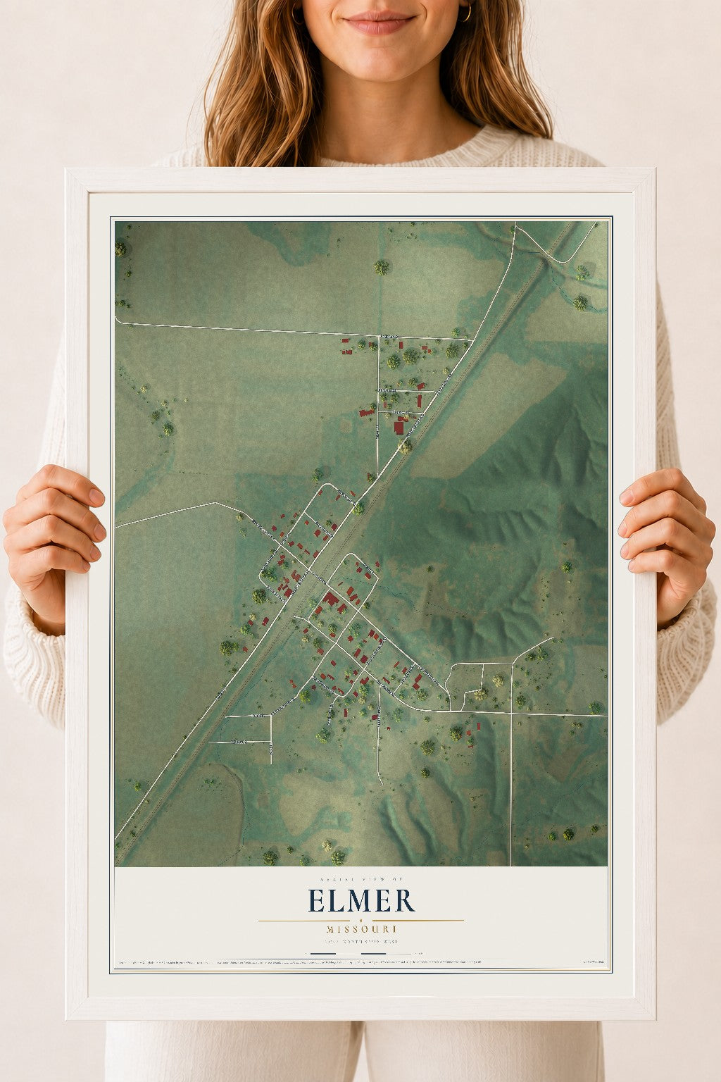 Map of Elmer, Missouri, 18 x 24 inch print in a white wood frame
