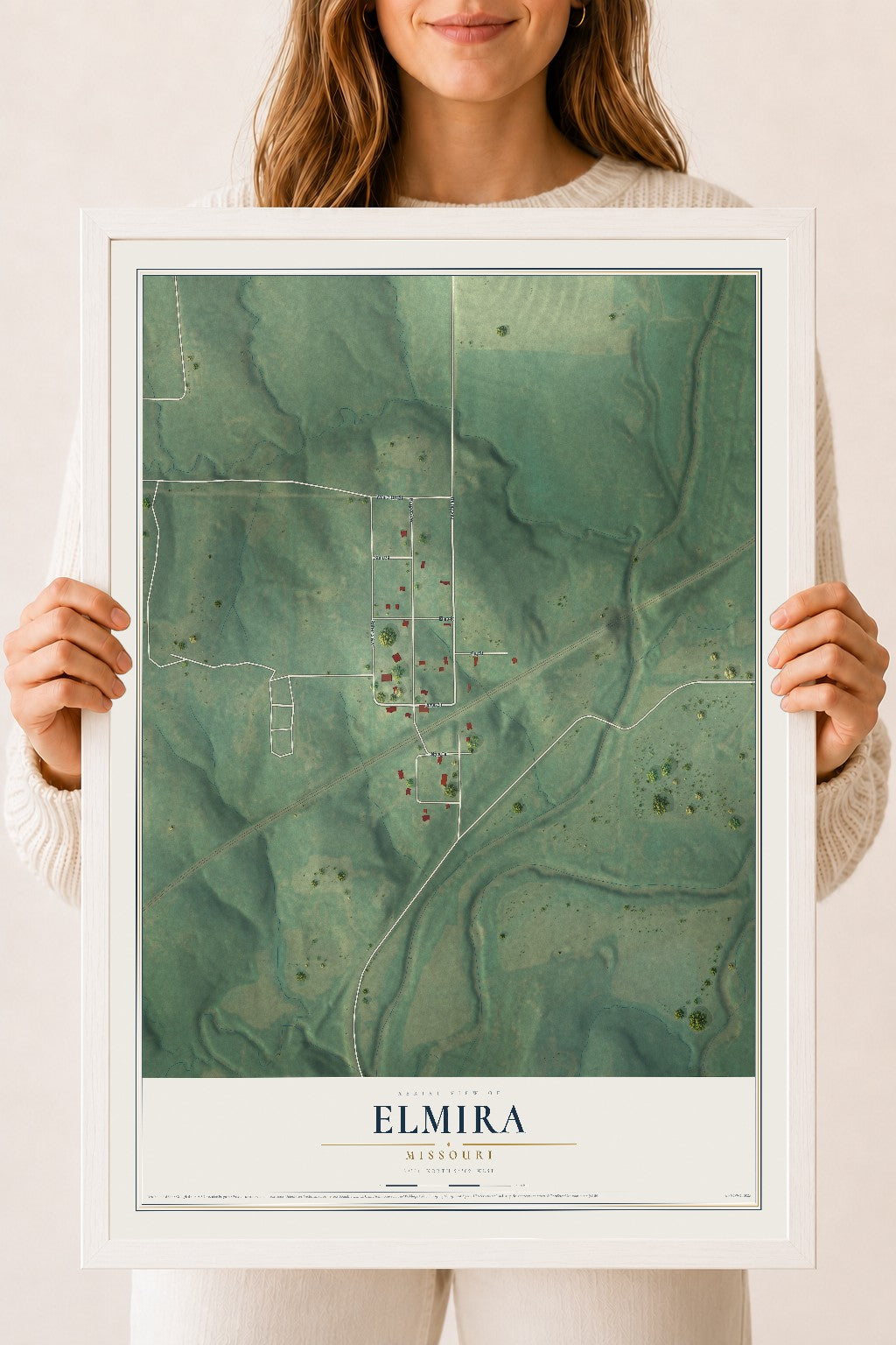 Map of Elmira, Missouri, 18 x 24 inch print in a white wood frame