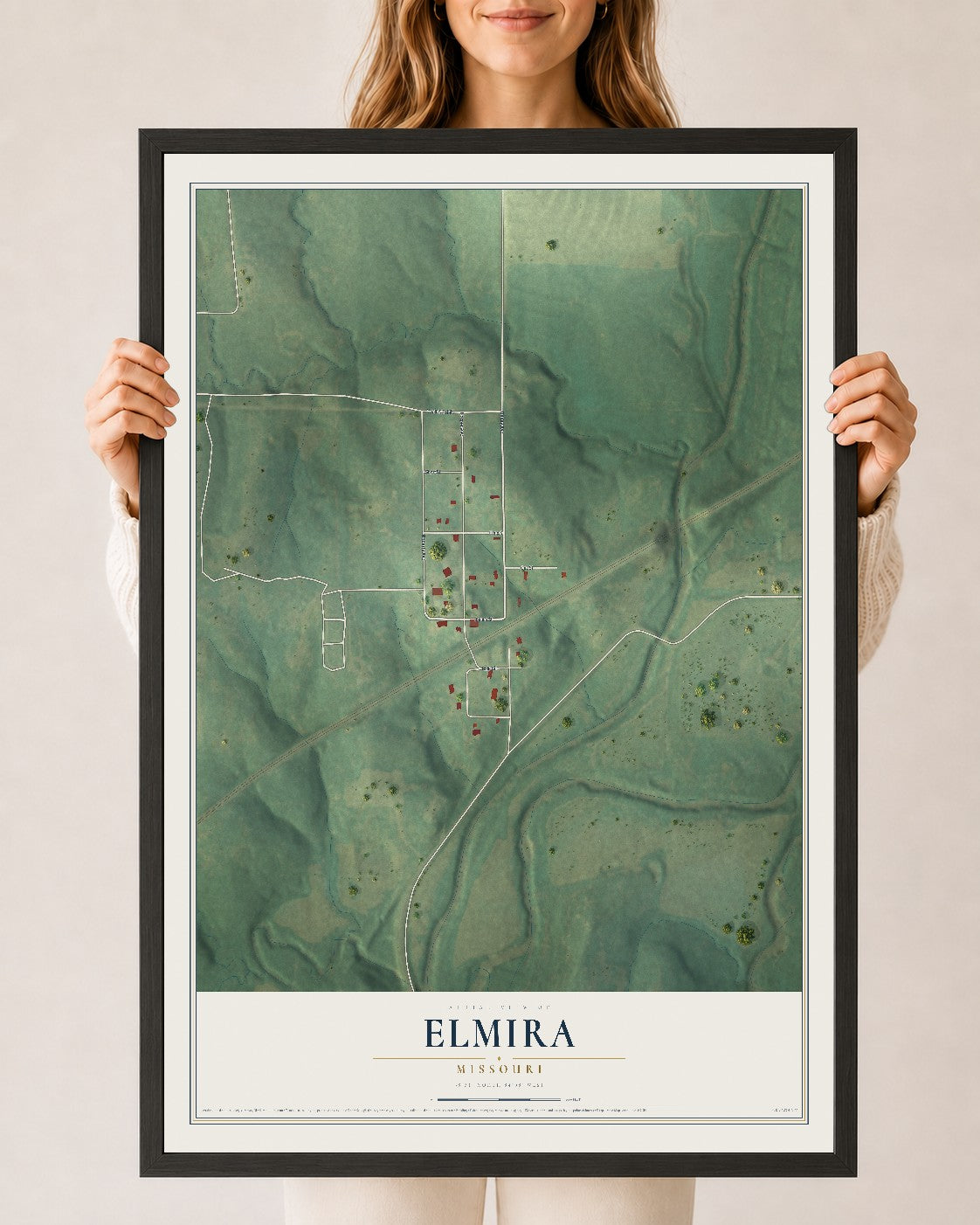 Map of Elmira, Missouri, 24 x 36 inch print in a black wood frame