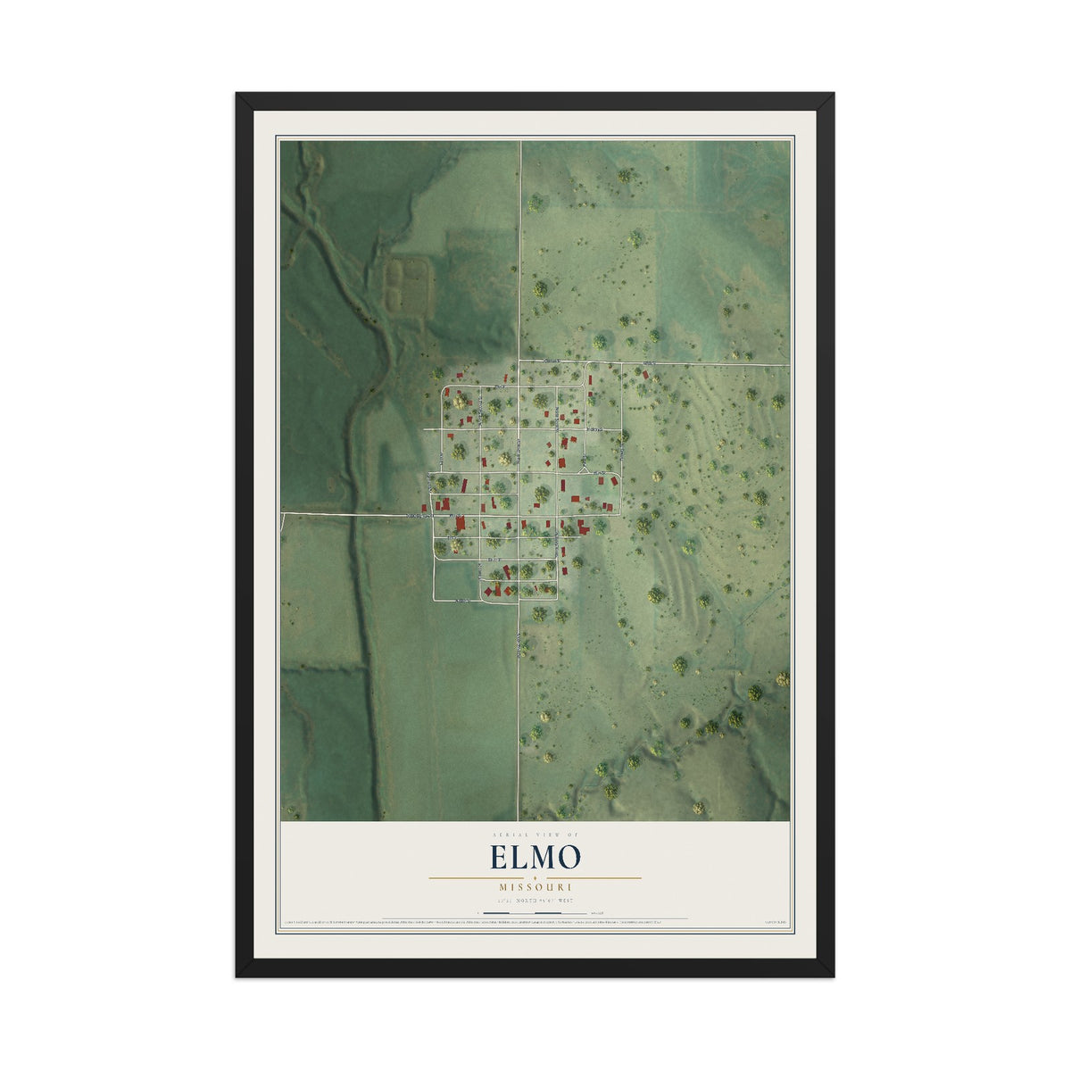 Map of Elmo, Missouri, 12 x 18 inch print in a black wood frame