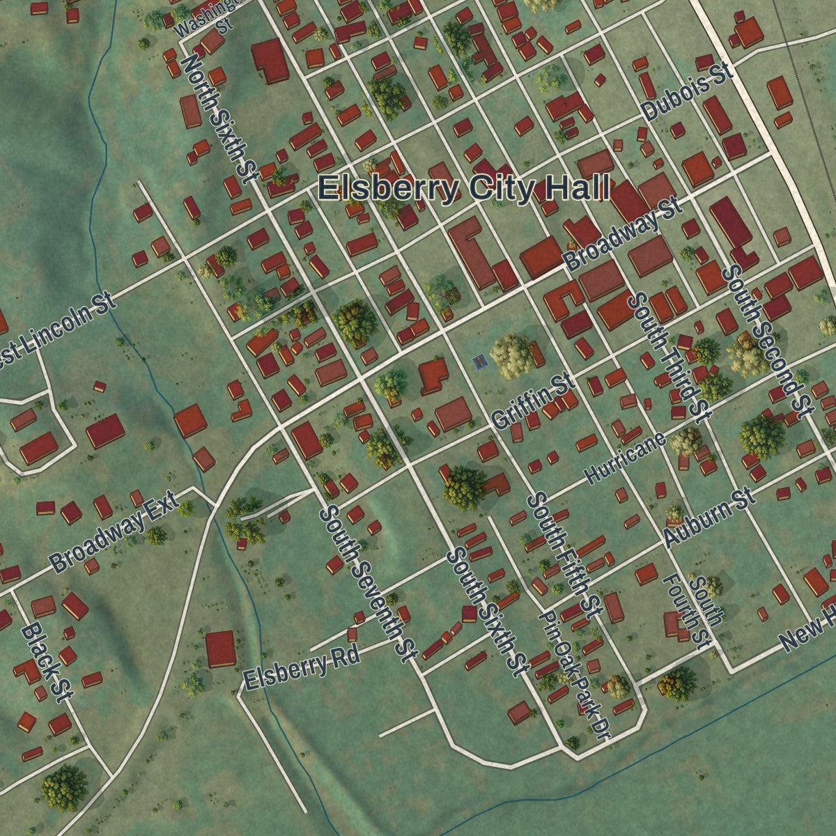 Close-up of the map of Elsberry, Missouri print showing street and building detail