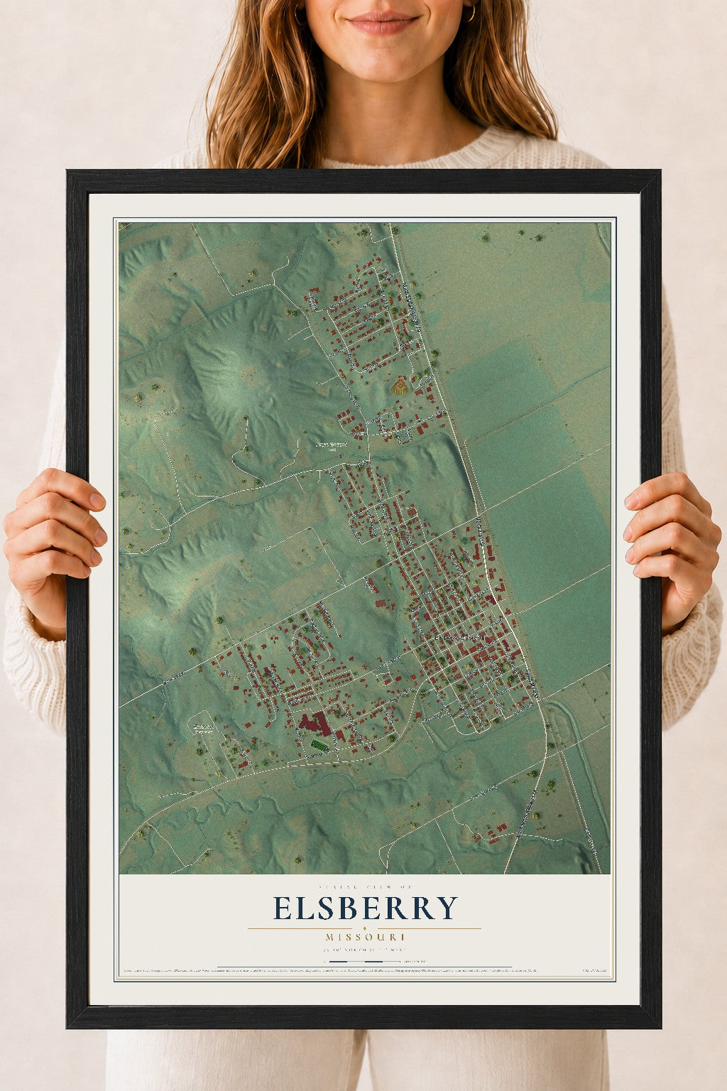 Map of Elsberry, Missouri, 18 x 24 inch print in a black wood frame